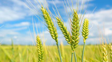 Green wheat field under blue sky - 795541821