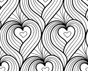 Abstract vector seamless floral background of doodle hand drawn lines. Monochrome wave pattern. Coloring book page. Black white heart wallpaper.