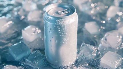 Refreshing ice cold beverage in a condensation-covered can surrounded by ice cubes