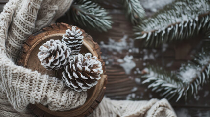 Two pine cones on wooden surface - 795542038