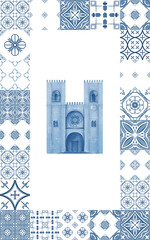 European ancient cathedral framed ceramic tiles in monochromatic colors blue and white.Isolated on white background watercolor illustration.For kitchen textiles,tablecloths,posters,postcards