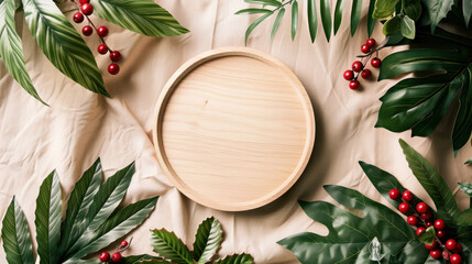 Wooden round frame surrounded by leaves and berries - 795542064