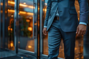 The image captures a modern businessman in a sharp blue suit, walking confidently in a business district