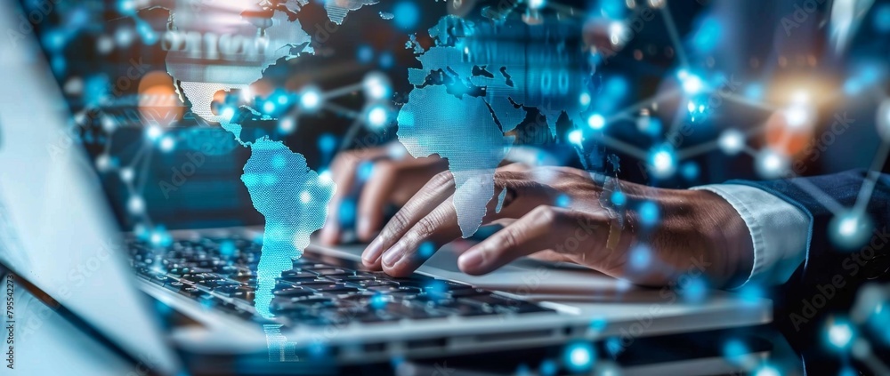 Poster a business man was hand working on a laptop with a digital map and global network connection in the 