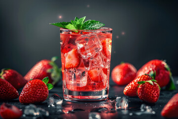 Glass filled with ice and strawberries - 795542205