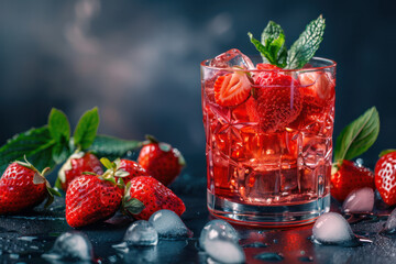 Glass filled with ice and strawberries - 795542229