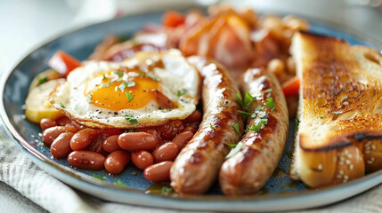 Blue plate with sausage, beans, and toast - 795542247