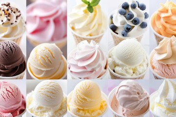 Green apple flavor in dairy cream ice cream shop, toasted marshmallow sweet frozen treat in citrus dessert, caramel latte indulgent flavor in gelato ice.