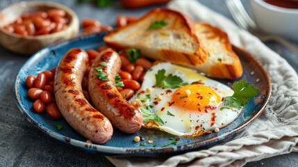 Blue plate with sausages and eggs