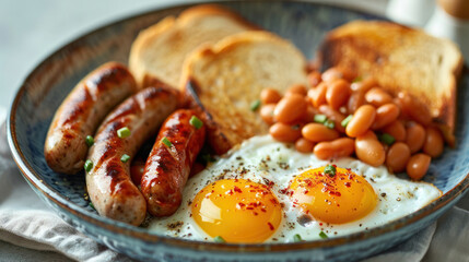 Classic breakfast plate with eggs, beans, toast, and sausage - 795542286