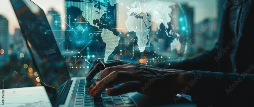 Poster digital technology background with businessman using laptop and digital map of the world on transpar