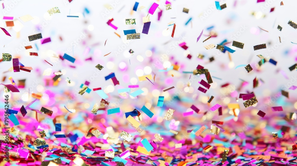 Poster a colorful explosion of confetti is falling from the sky. the confetti is in various colors and size