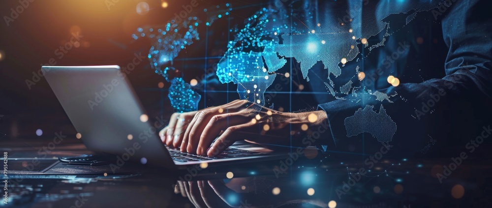 Poster a business man was hand working on a laptop with a digital map and global network connection in the 