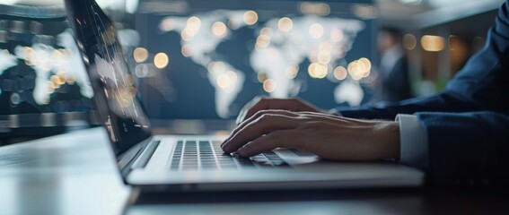 Digital technology background with businessman using laptop and digital map of the world on transparent glass screen, close up view Generative AI