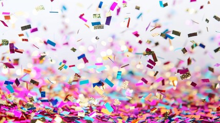 Obraz premium A colorful explosion of confetti is falling from the sky. The confetti is in various colors and sizes, creating a festive and celebratory atmosphere