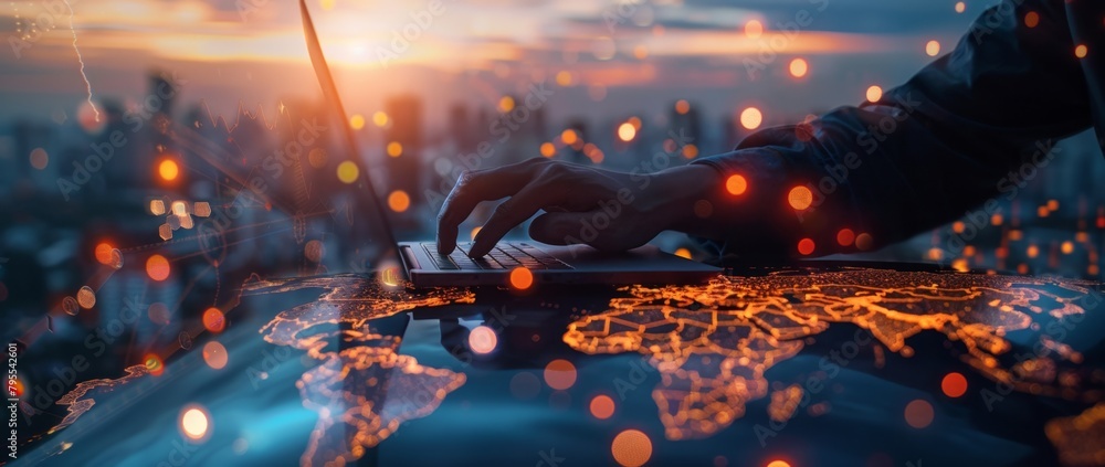 Poster businessman using laptop and mouse to work on digital world map, global network concept business tec
