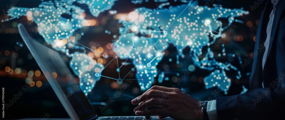 Poster businessman using laptop and touch screen, digital world map background with global network connecti