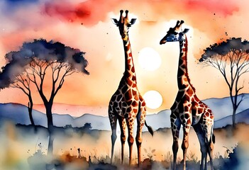 giraffe in the sunset and tree painting 