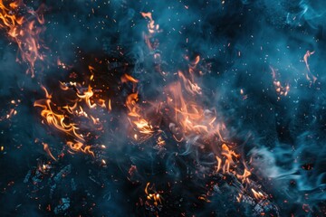 A fire with a lot of smoke and sparks. The fire is surrounded by a blue sky, which gives the scene a dramatic and intense mood - obrazy, fototapety, plakaty