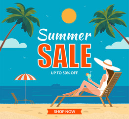 Summer sale poster, banner. Tropical landscape with a young woman in chaise lounge on the beach. Vector illustration in flat design style. Summer vacation, travel and seasonal sale concept. - obrazy, fototapety, plakaty