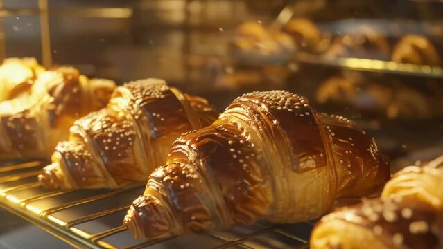 A row of croissants are baking in an oven