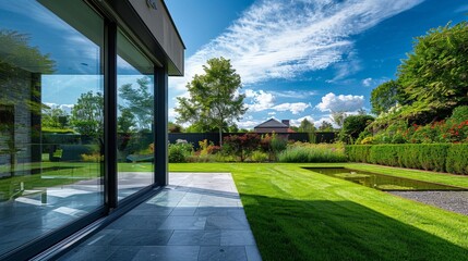 Modern Garden Panorama. Generative AI.
