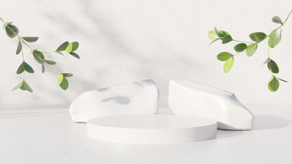 Cylindrical stone product podium with green boxwood branches with sunlight and beautiful shadows on white background. Mock up for product presentation, organic cosmetic and food concept. 3D render