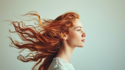   A woman with long, fiery red hair is captured mid-flight, her tresses billowing behind her in the wind