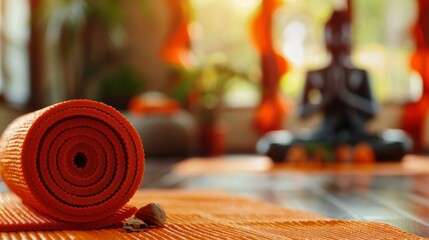   A yoga mat rolled up lies next to a wooden floor, behind a statue of a figure