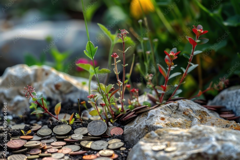 Poster a pile of coins is scattered on a rock. the coins are of different sizes and colors, and they are ar