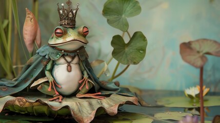 Dapper frog prince, crown and cape, regal pose, lily pad throne, Beatrice Alemagna s whimsy - obrazy, fototapety, plakaty
