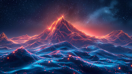 Digital representation of a mountain peak at twilight, illuminated by a constellation of glowing particles against a starry sky. - obrazy, fototapety, plakaty