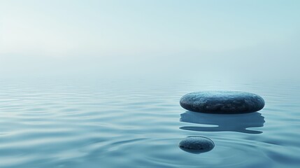   A rock perched atop the water's surface, adjacent to a submerged rock within the body