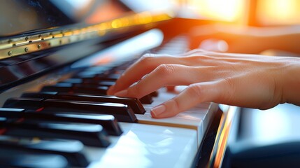   A tight shot of fingertips dancing on piano keys against a softly blurred backdrop
