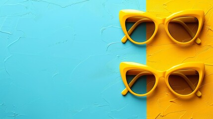   A pair of yellow sunglasses atop a blue-yellow wall, adjacent to another pair