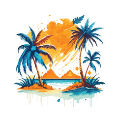 Fototapeta na wymiar Watercolor Summer vacation scene modern style, palm tree, sun, sea beach, decoration summer vector illustration