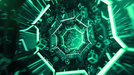 Dynamic green hexagons bursting from the center of a vibrant 2D card - obrazy, fototapety, plakaty