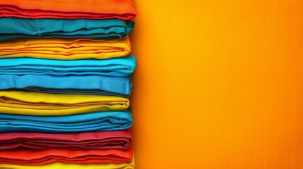   A stack of folded yellow shirts on two adjacent yellow walls, with a yellow wall as the backdrop