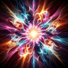 A bright, colorful burst of light or energy on a black background