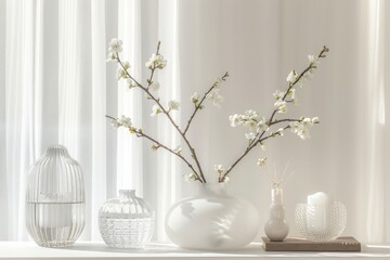 A white vase with a white flower in it sits on a table next to a white bird cage