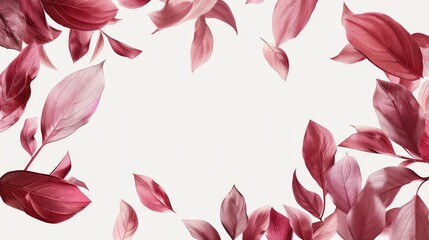   A cluster of red leaves suspended against a pristine white backdrop with an unoccupied white expanse in the center