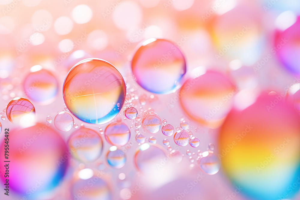 Poster pink holographic bubbles floating on the soft colorful abstract background in beautiful vivid tones.