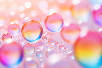 Pink holographic bubbles floating on the soft colorful abstract background in beautiful vivid tones. - 795545492