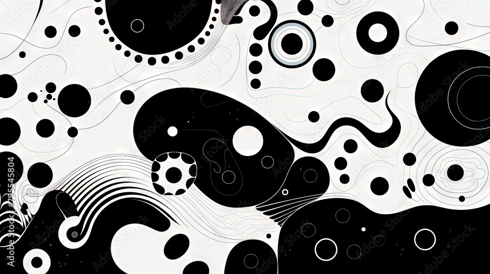 Poster geometric abstract background with black dots, circles and lines.