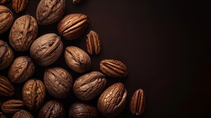   A stack of walnuts against a black backdrop, with a select few nuts situated in the center - obrazy, fototapety, plakaty