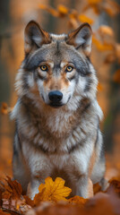 Obraz premium Majestic Grey Wolf Perched Atop a Rock in Autumn Ambiance