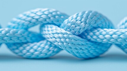   Close-up of rope knot against a blue backdrop, soft focus on knot's endpoint