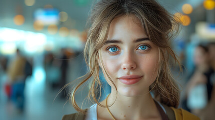 Woman Traveler with Yellow Backpack in Airport Terminal