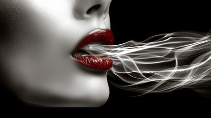   Close-up of a woman's red lips exhaling white smoke against a black backdrop