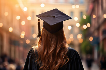 Back view of a young woman in graduation cap and gown on the background of the city.